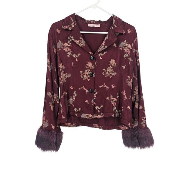 Marrika Nakk Asian Vintage y2k Blouse Top Maroon Floral Button Up Faux Fur M - Picture 1 of 5